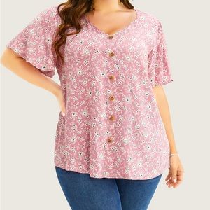 Ditsy Floral Contrast Ruffle Sleeve Button Detail Blouse